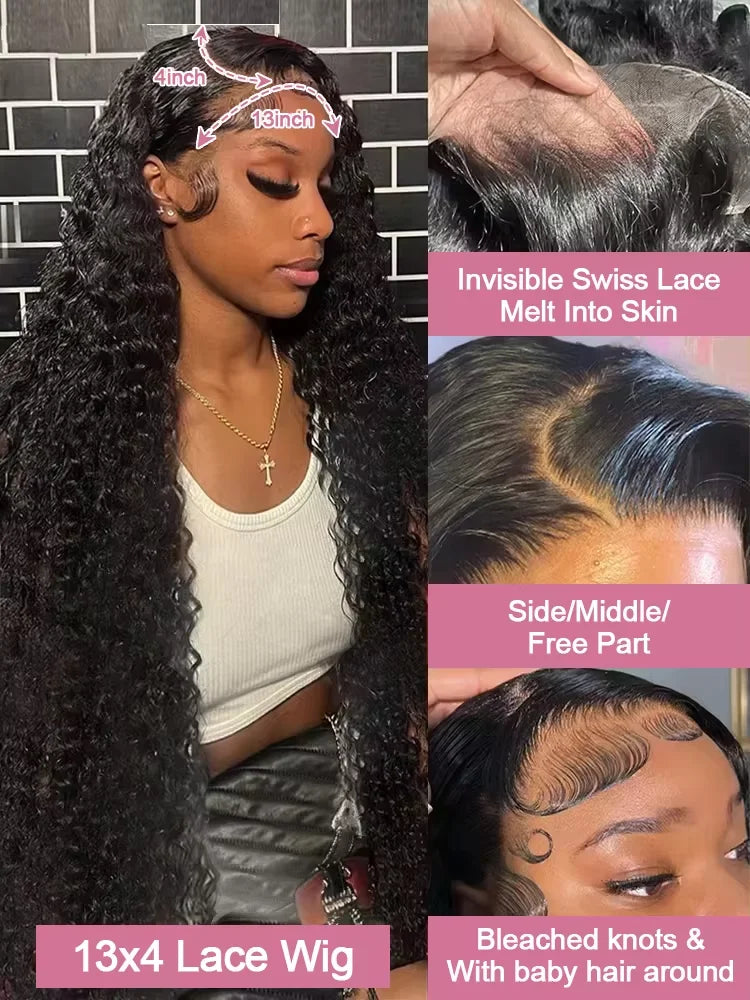 250% Density Brazilian Raw 30 32 inch 13x6 HD Lace Front Human Hair Wigs Deep Wave 13x4 Frontal Wigs Curly Glueless Closure Wigs